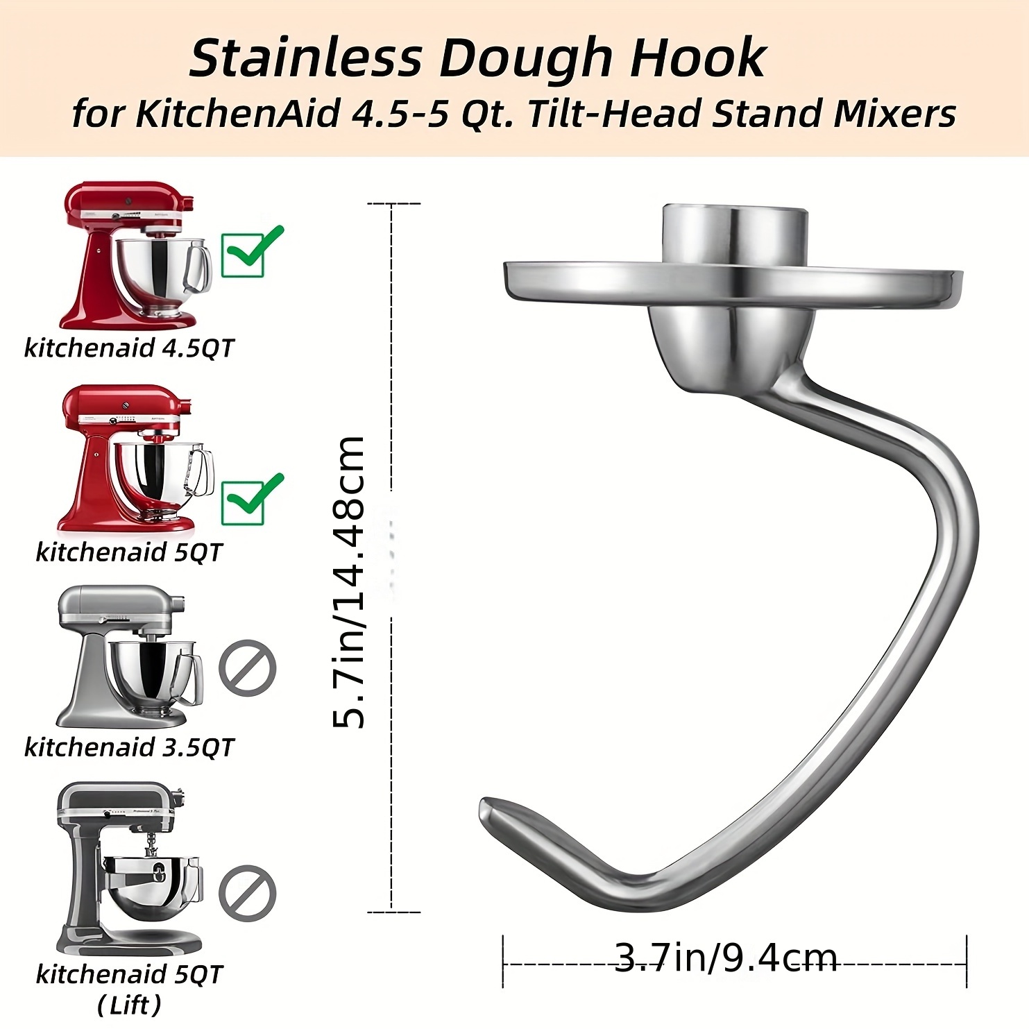 Stainless Steel Dough Hook For Kitchenaid Stand Mixer 6 Quart 5 Quart Lift Mixer  Dough Attachments For Kitchenaid - Temu
