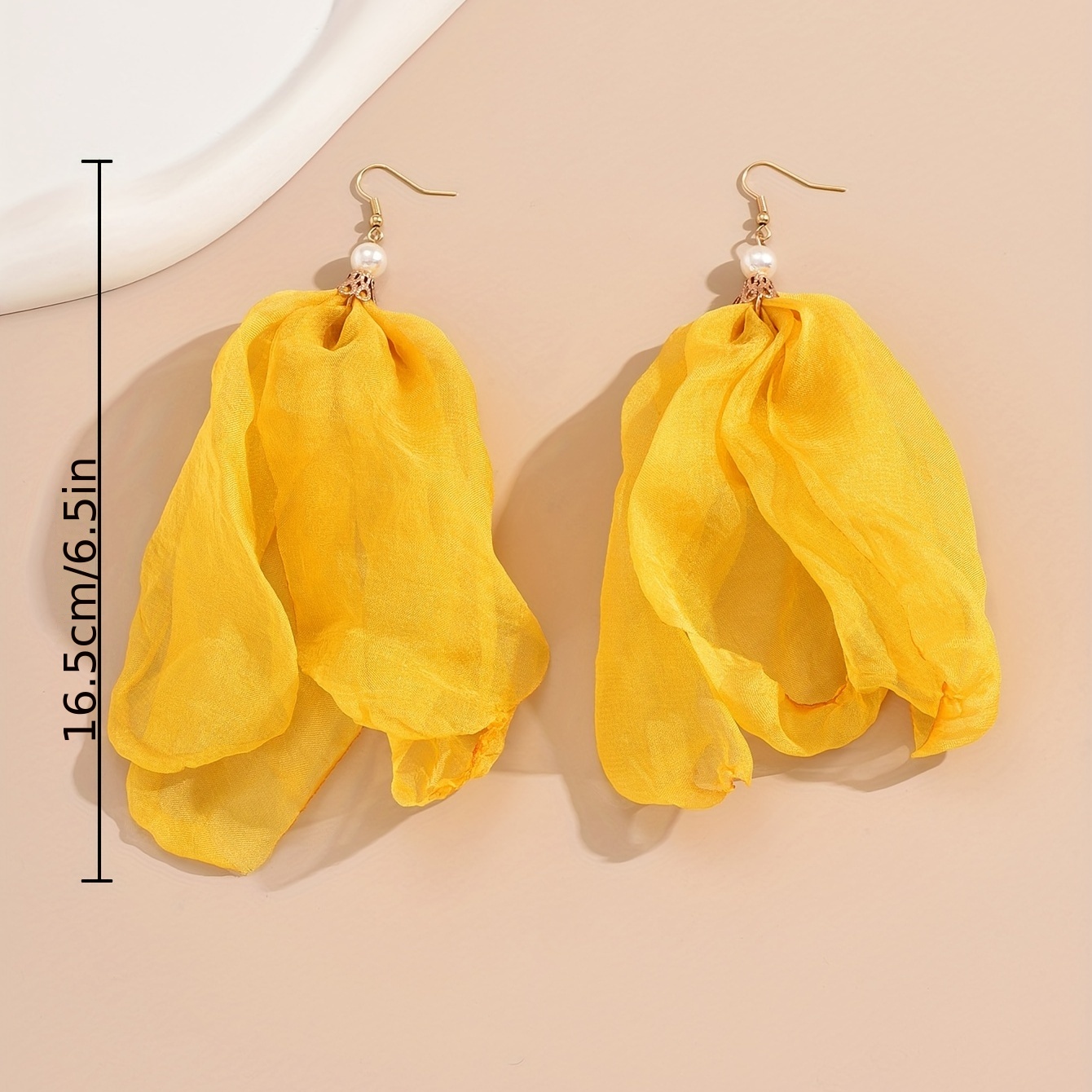 Green Yellow Fabric Flower Earrings with Faux Pearl Dangle