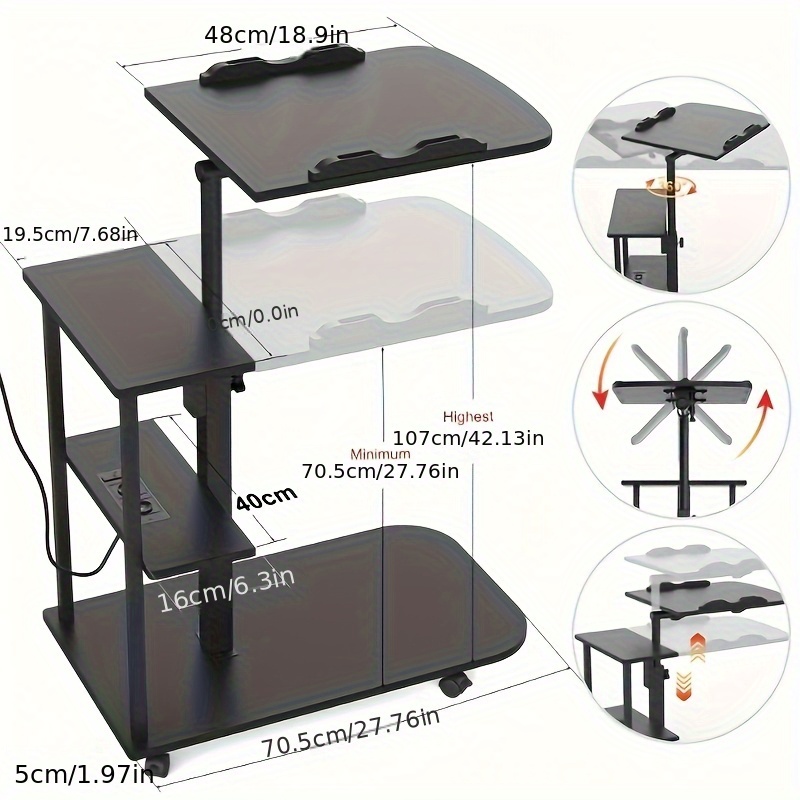 Height Adjustable Rolling Desk With Shelf - Lockable Wheels Mobile Laptop Table For Bed, Sofa & Office, Industrial Standing Desk (71x40x71-107cm)