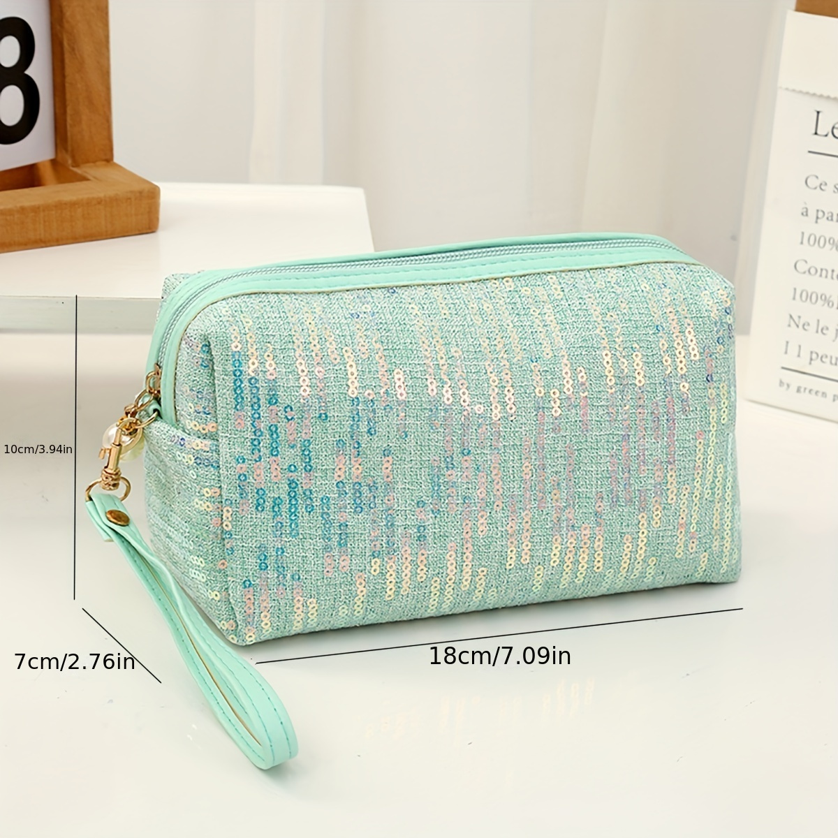 TEMU A Sequined Makeup Bag With A Handle And Pearl Zipper, Suitable For Home And Travel Use