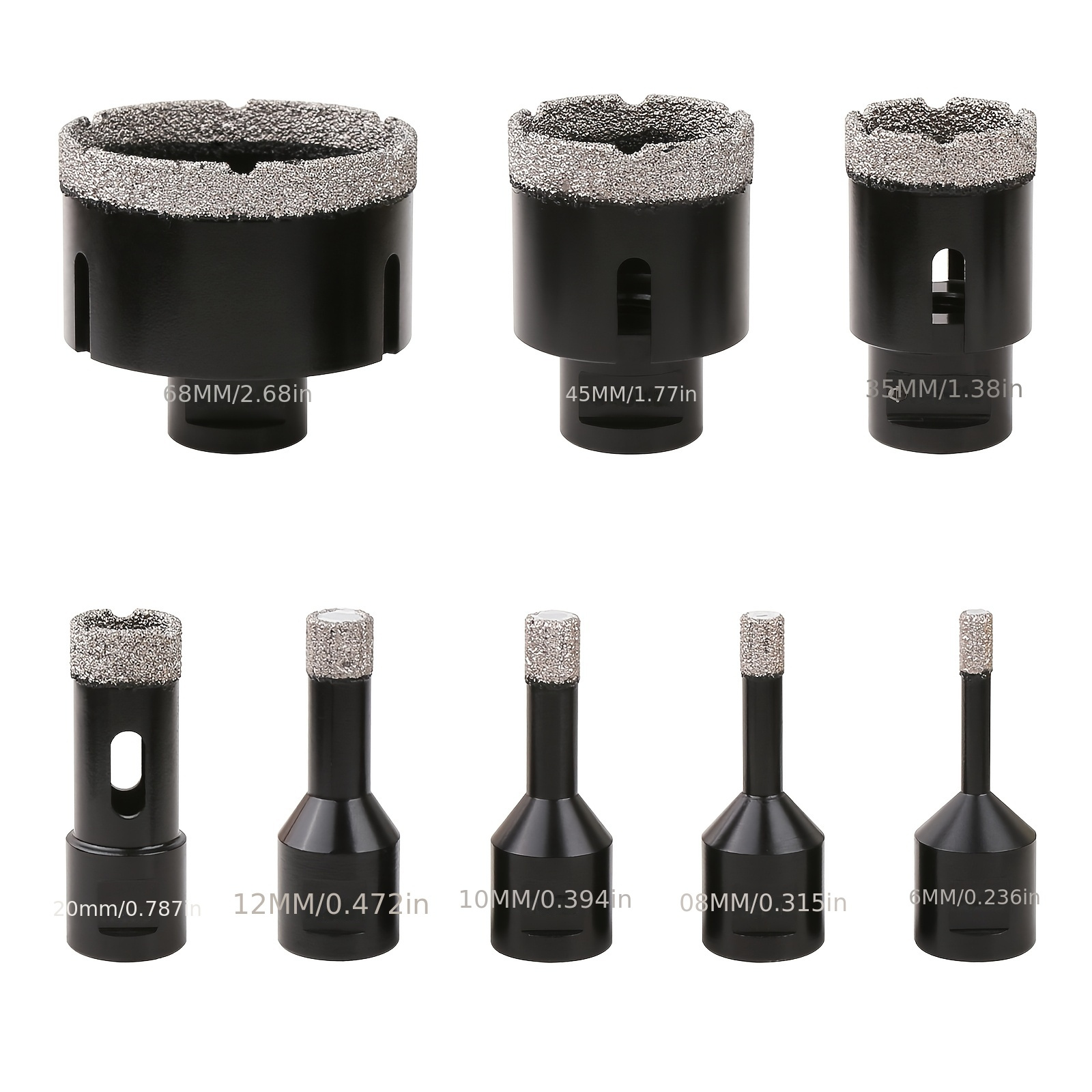 Image of A Collection Of 8 Diamond Core Drill Bits In Sizes 6, 8, 10, 12, 20, 35, 45, And 68mm With An M14 Connection, Designed For Drilling Through Marble, Ceramic Tiles, And Granite