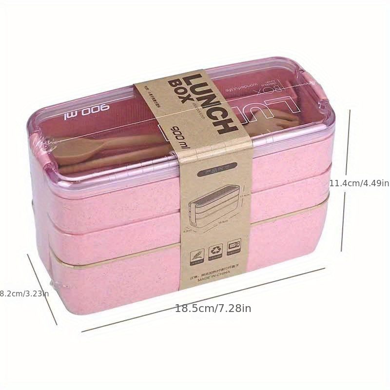 Aousin 900ml Bento Box Compartment 3-Layer Lunch Fresh Case Wheat Straw for Home Office (Pink), Adult Unisex, Size: One Size