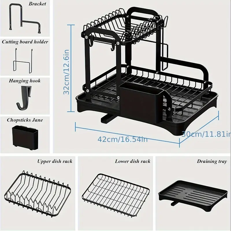 2 tier dish rack with dish drying rack 2 tier drainer kitchen counter cutlery holder cutting board holder cup holder and large dish racks Product details 2