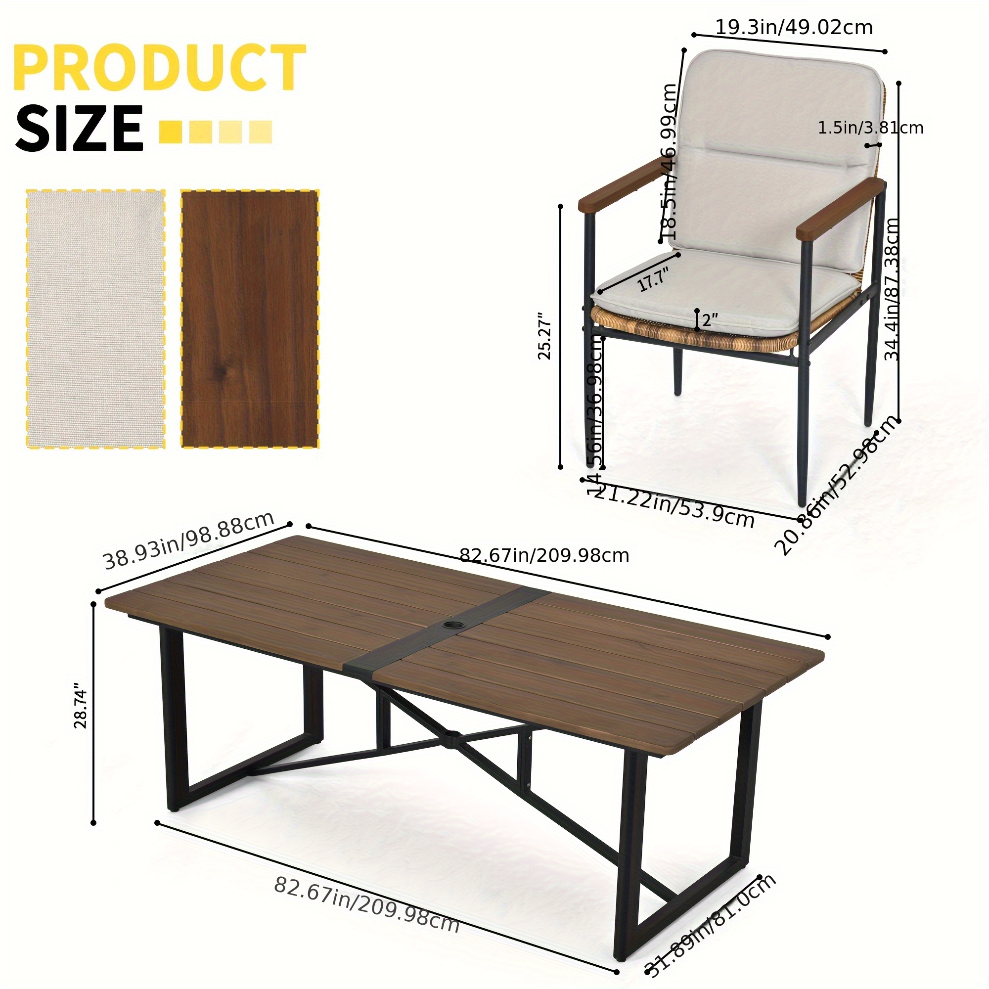 Patio Dining Set Outdoor, Wicker Chairs with Aluminum Frame and Olefin Cushions, Large Wooden Dining Table with Umbrella Hole, Patio Table and Chairs for Yard Garden Porch