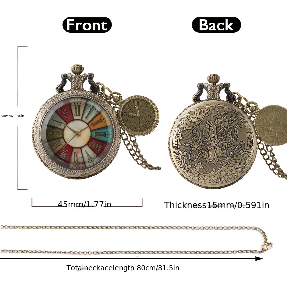 1pc antique pocket watch necklace gift men women colorful roman numeral dial with roman label pendant quartz clock details 2