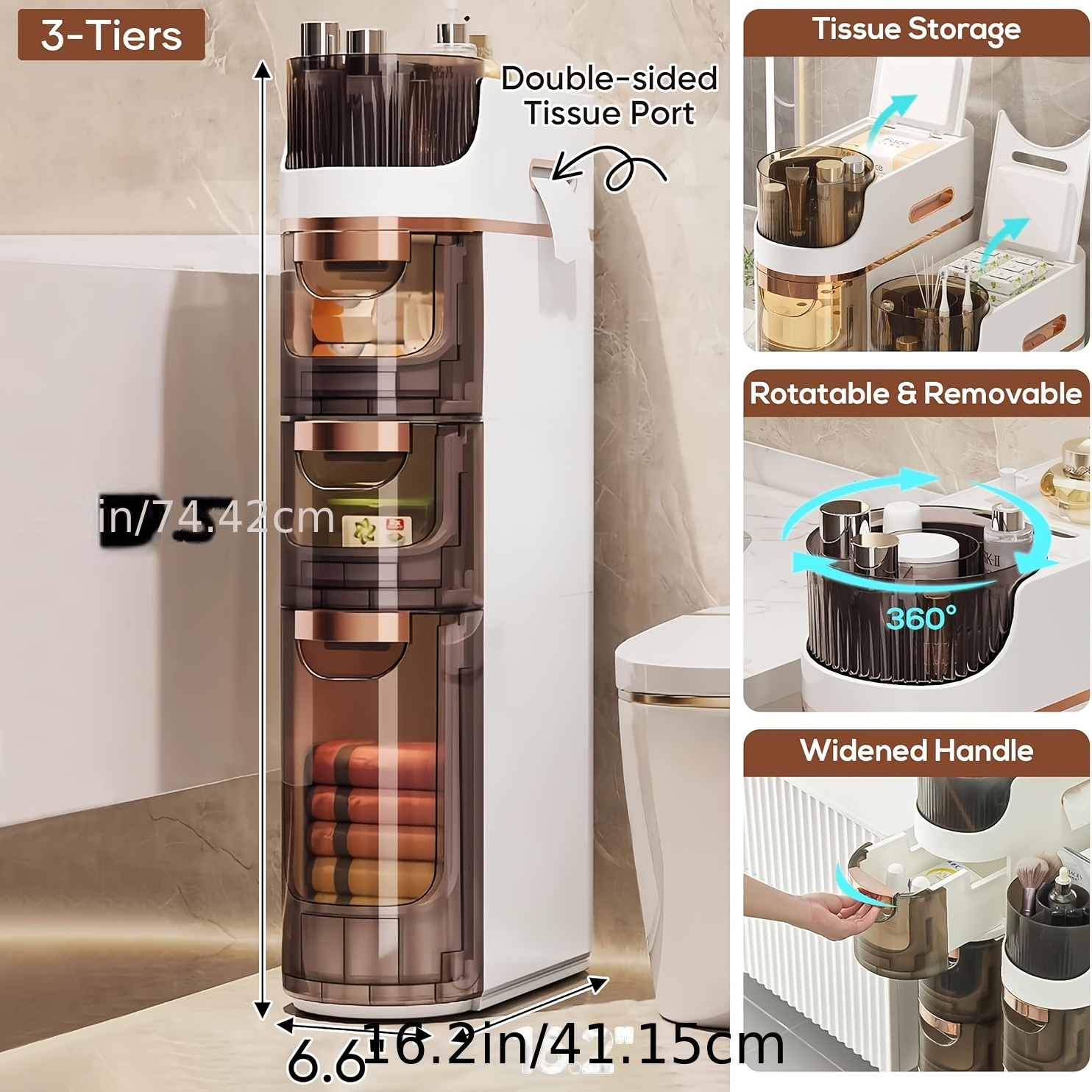 TEMU Gabinete de baño de 3/4 cajones, mueble de pie angosto con ruedas y portarrollos de papel higiénico, organizador de almacenamiento impermeable