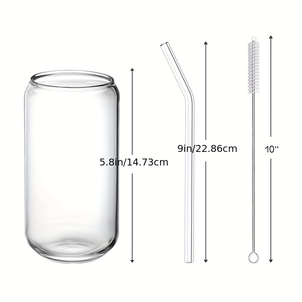 Drinking Glasses with Glass Straw 4pcs Set - 16oz Can Shaped Glass Cups,  Beer Glasses, Iced Coffee Glasses, Cute Tumbler Cup, Ideal for Whiskey,  Soda, Tea, Water, Gift - 2 Cleaning Brushes 