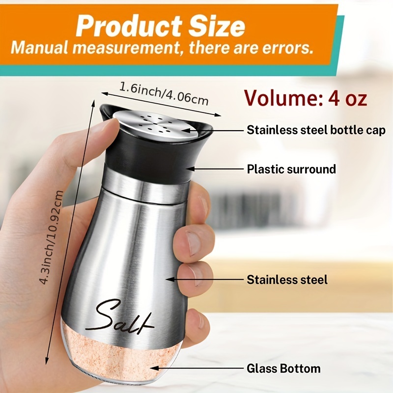 Stainless Steel Salt and Pepper Shakers Set with Glass Bottom and 4' Stand, 4 oz Pack