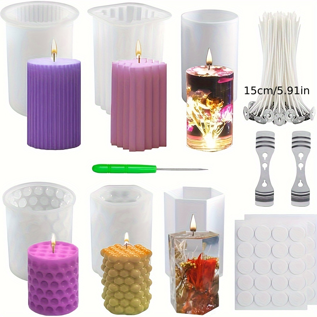 Image of Cylindrical Silicone Candle Mold Set | Includes 6 Silicone Molds, 50 Candle Wicks, 2 Stickers, 2 Wick Holders And 1 Needle | For Home Decor, Ornaments, Scented Candles And Soap Making
