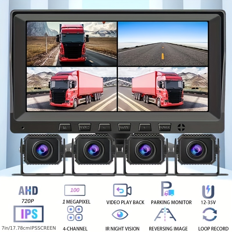1080p 7inch quad split ips screen monitor built in dvr recorder for truck trailer bus 4ch ahd rear view backup camera input 360 surround view system