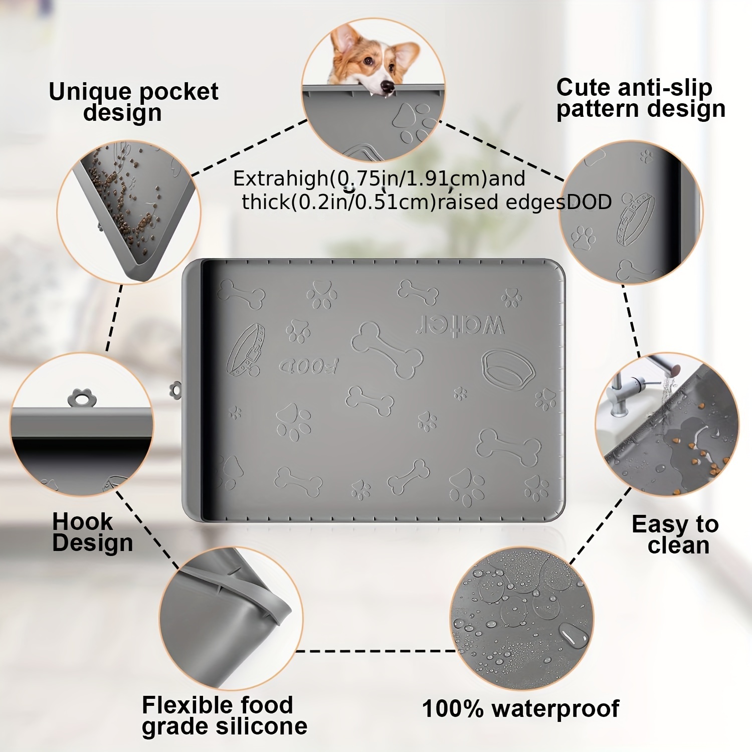 Silicone Pet Mat for Food and Water,Dog Cat Mats for Floors Waterproof,Dog Water Bowl Feeding Mat with Pocket for Catches Spill and Residue Large