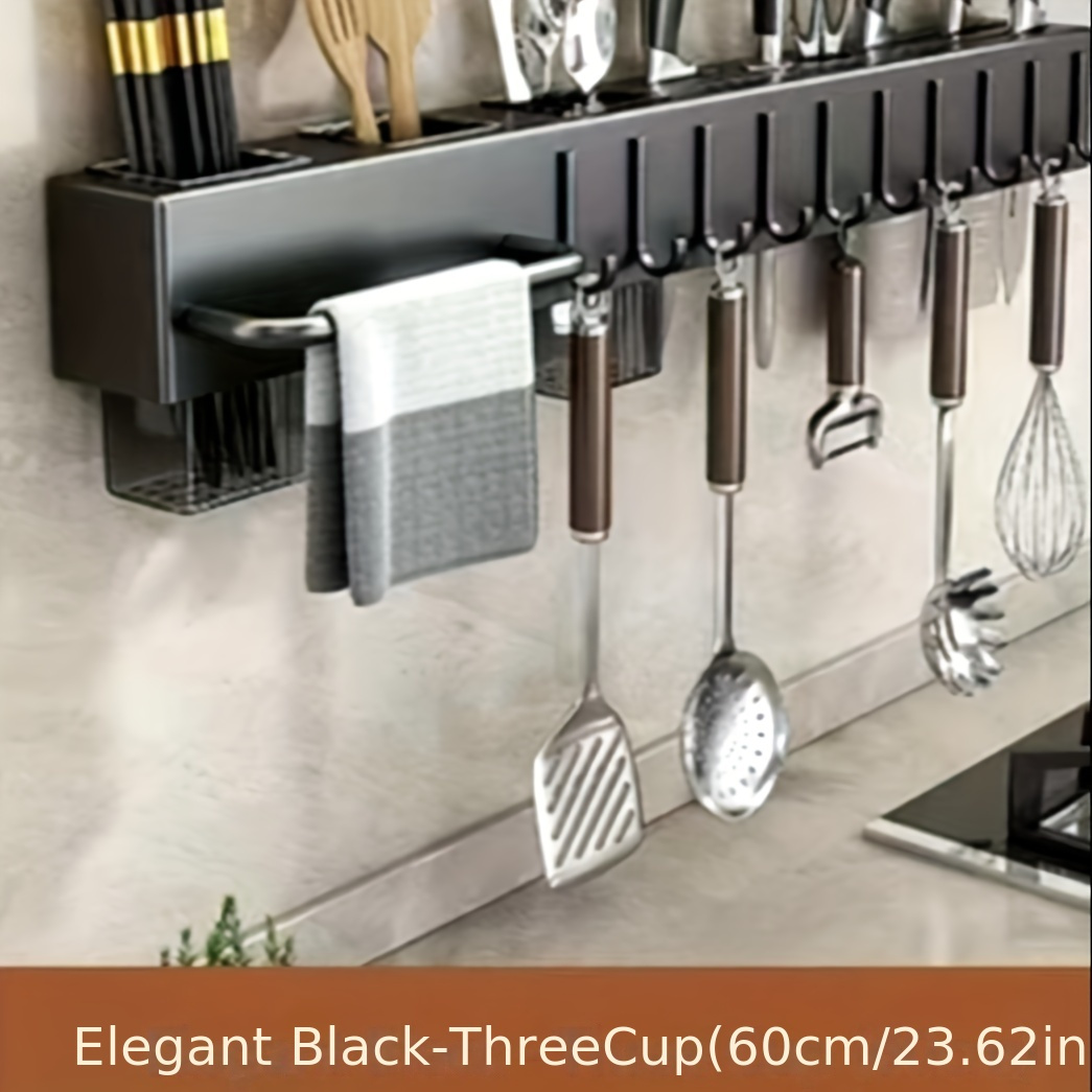 1pc premium carbon steel kitchen utensil holder wall mounted no drill multi functional rack for knives spoons forks spatulas with towel bar and drain basket space saving hygienic design details 4