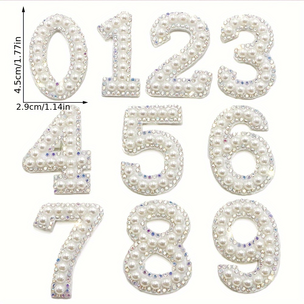 

10pcs Ab Rhinestone Pearl Number Patches, Iron On Applique For Clothes, 0-9 Sparkling Diy Decorations, Embellished Fashion Accessory