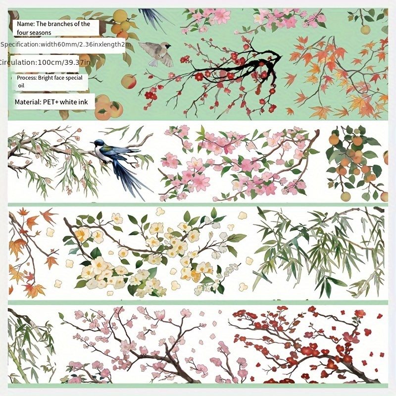 Image of Plant And Bird Glossy Pet Tape For Diy Crafting And Decoration, 6cm Wide 2m Long, Scrapbooking, Journaling, Phone Cases, And Luggage Stickers.