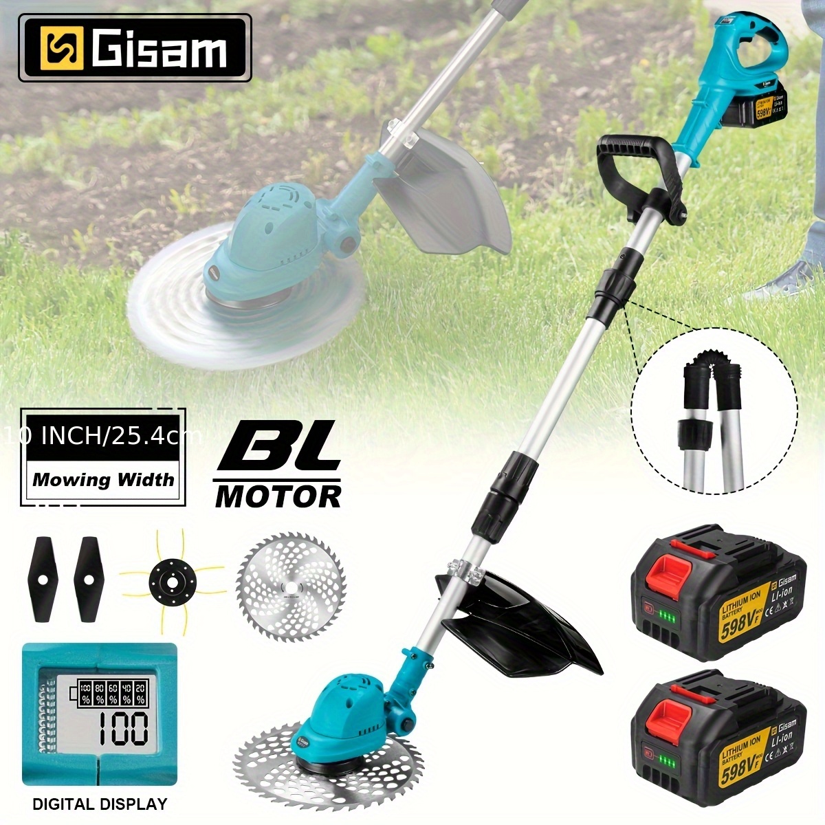 Gisam Brushless Handheld Electric Grass Trimmer with 2x 4.0Ah Batteries & Charger, Cordless Lithium Lawn Mower Pruning Cutter, Multifunctional Grass Trimmer Pruning Tool, Weed Hedge Trimmer Edge Trimmer, Used for garden weeding