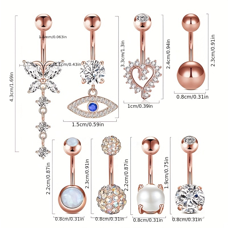 8pc Rose Golden Love Heart Devil's Eye Belly Button Ring Set