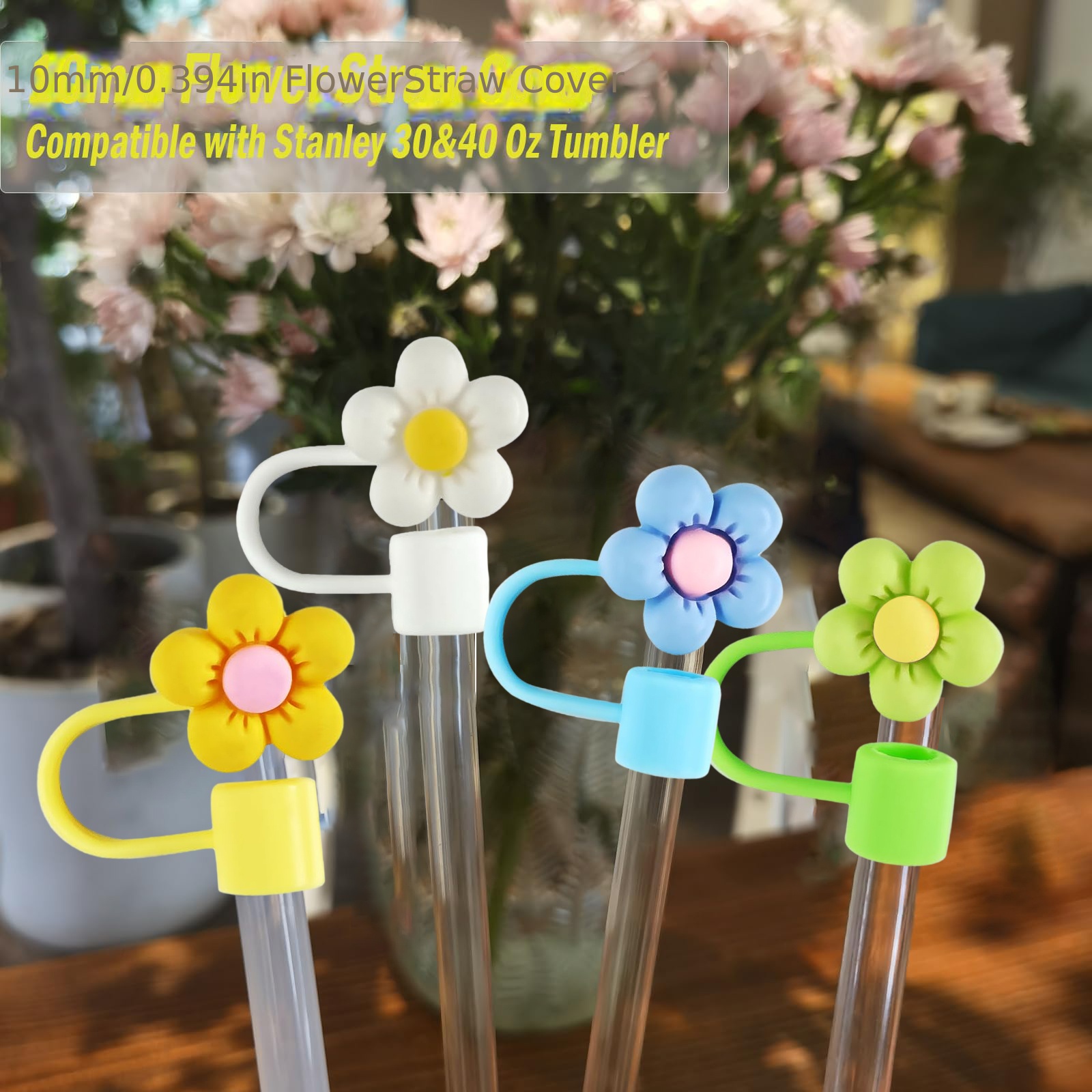 Flower Straw Cover Cap for Stanley Cup Silicone Straw Topper Compatible  with 30&40 Oz Tumbler with Handle,Straw Tip Covers 10mm 0.4in for Straw Tip