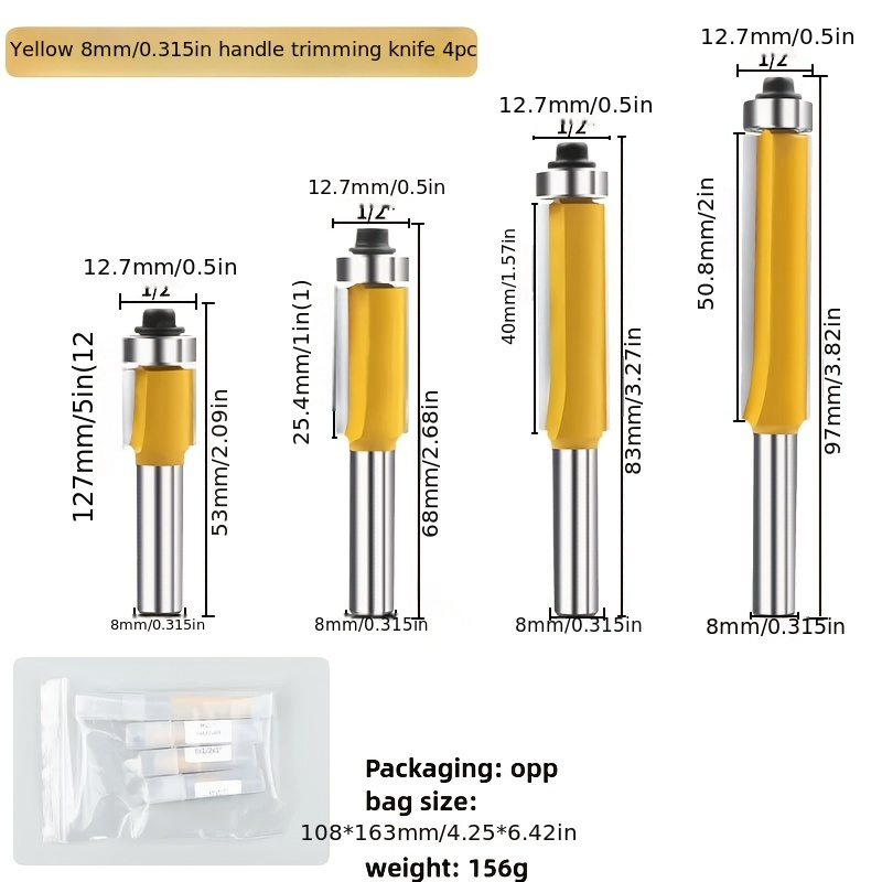 Image of Yellow 8mm Shank Edge Trimming Knife 4pcs Woodworking Milling Cutter Alloy Edge Trimming Knife Woodworking Milling Cutter Factory Direct Woodworking Machine