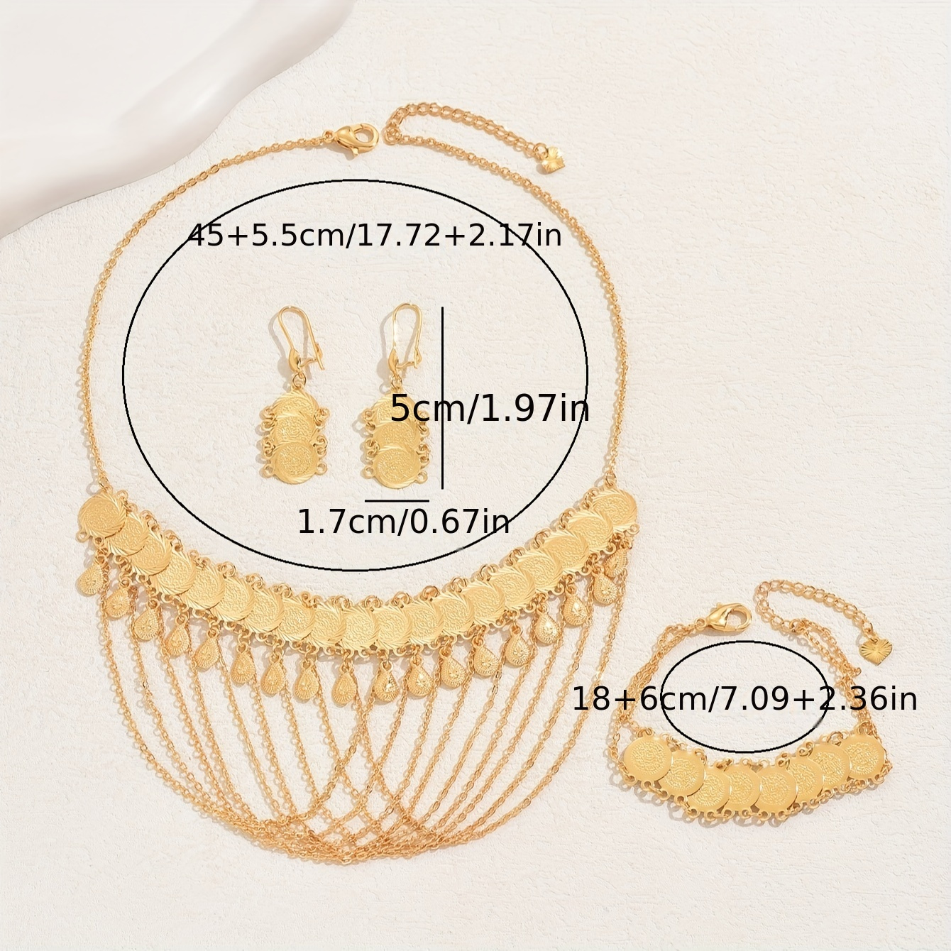 18k gold plated   set of fashionable simple commuting exquisite tassel necklace coin ancient style womens earrings necklace bracelet set details 4