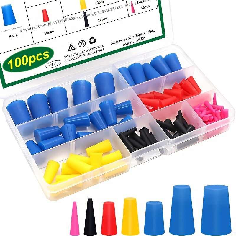 

100pcs Silicone Tapered Plug Kit - 7 Sizes (1/16" To 1/2") For Hole Sealing, Powder Coating & Painting