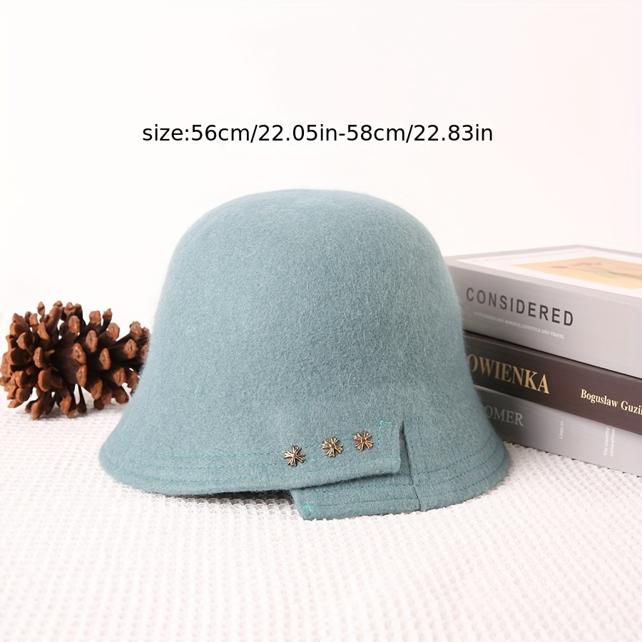 Metal Flower Wool Bucket Hat Classic Solid Color Warm Cloche Hats Vintage  Fedoras Coldproof Fisherman Cap For Women Autumn & Winter