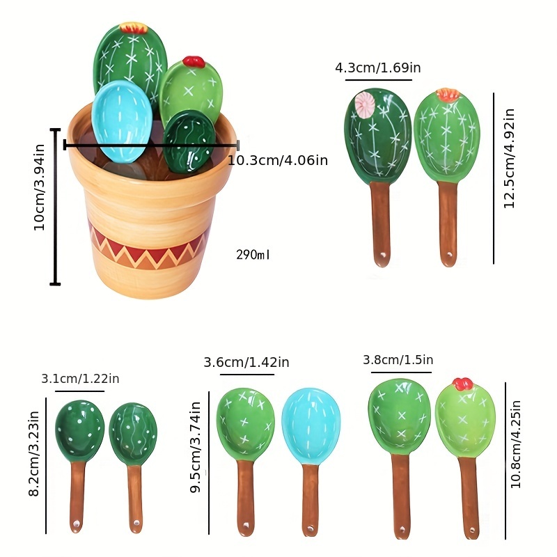 Littleduckling 4pcs Porcelain Measuring Spoons Set with Base Cute Cactus Shape Stirring Soup Spoon Reusable and Durable Ceramic Flower Pot Measuring