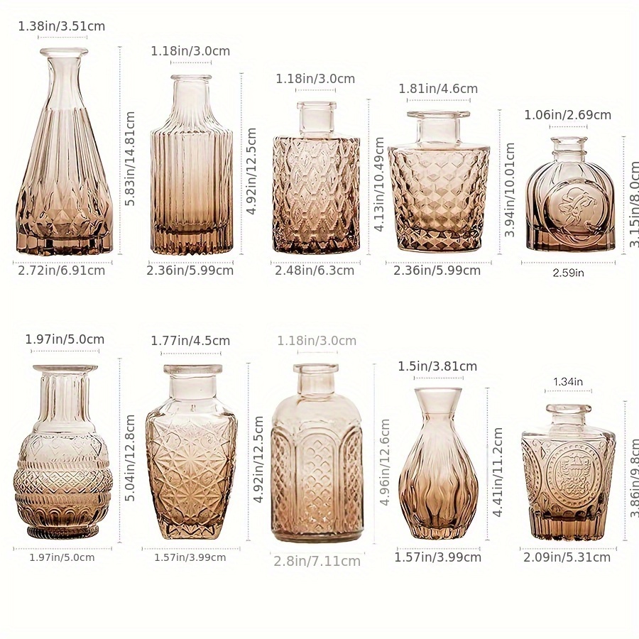 Image of 10-pack Vintage Amber Glass Bud Vases, Small Round Glass Bottles For Flowers, Rustic Wedding Centerpieces & Home Table Decorations