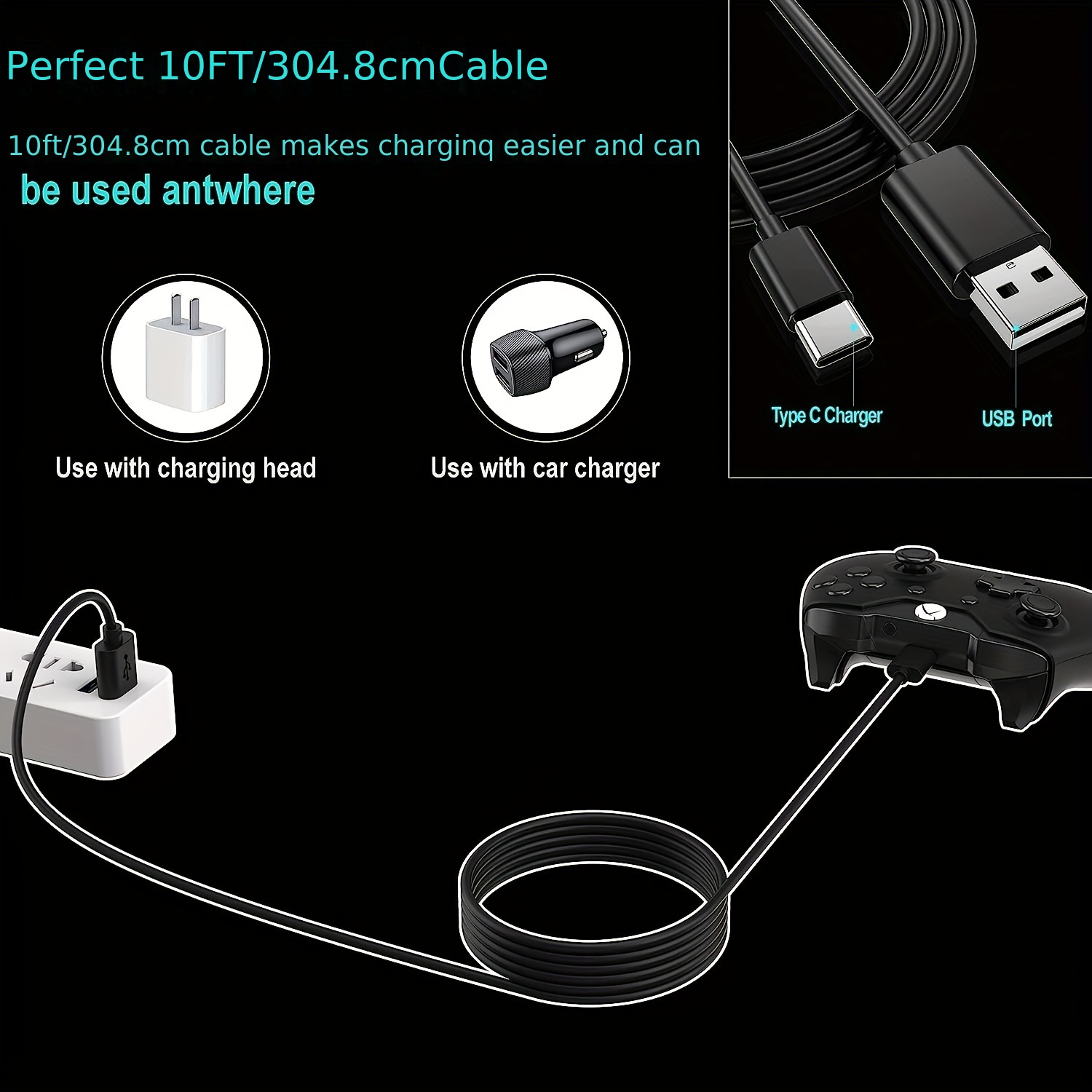 Cable De Recharge Micro USB De 10 Pieds Pour Manette PS4 / Xbox