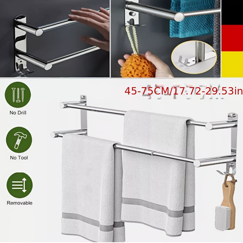 E-shop Verstellbarer Edelstahl Handtuchhalter ohne Bohren mit 2 Haken - Moderner Wandmontierter Badezimmerorganisator, Rostfrei & Korrosionsbeständig,