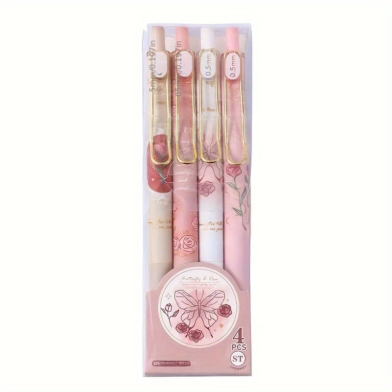 TEMU Elegant Rose-themed Quick- Pens Set, 4 Pcs - Fine 0.5mm Tip, Push Button Retractable, Spring Cushioned Writing Instrument For Smooth Lines, Adults 14+ No