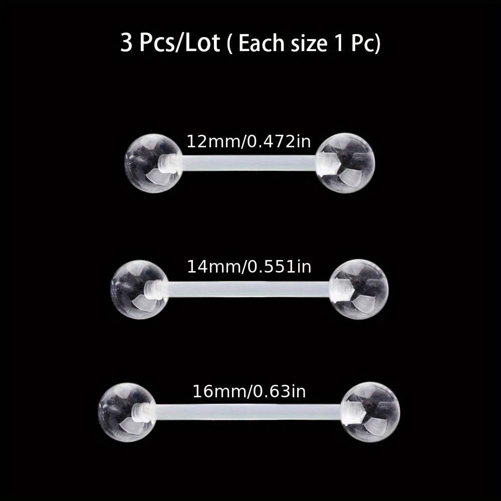 TEMU 3pcs/Set (1pc par Taille) de Langue Invisible en Acrylique Transparent pour Frenulum et Piercing du Tissu Lingual
