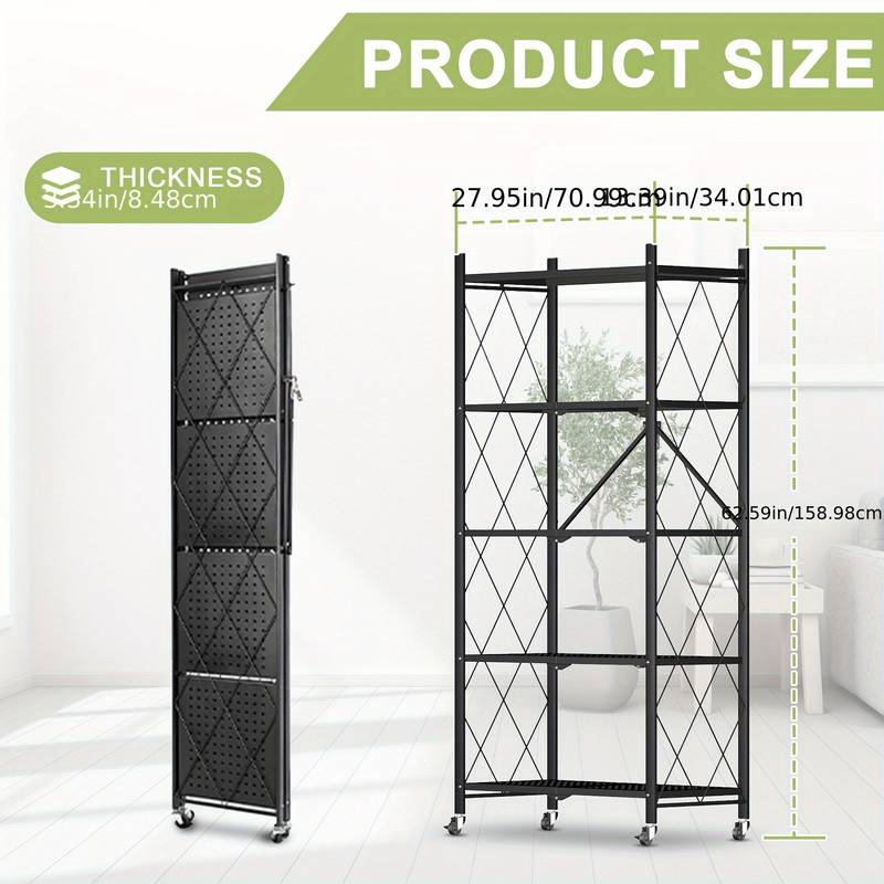 Scaffale Pieghevole In Metallo 5 Ripiani Con Ruote - 32x59,9x144,8 Cm - Nero Opaco, Per Cucina, Ufficio O Soggiorno, Carico 27kg A Ripiano
