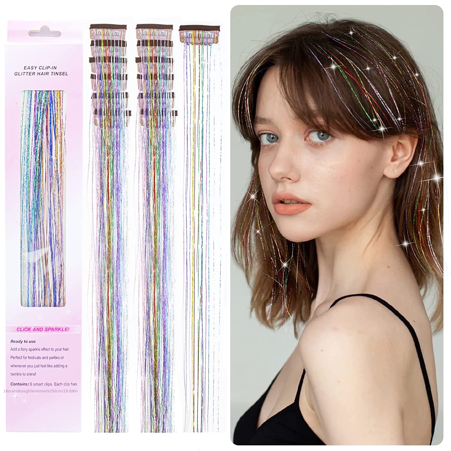 Twinkle Sparkle 6 Pcs Clip in Colored Hair Extensions with Glitter