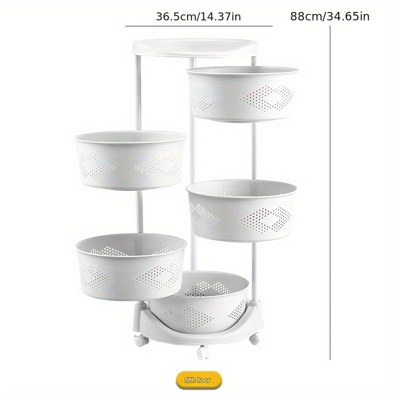 Estante de almacenamiento giratorio redondo de cinco niveles para cocina, carrito de almacenamiento rodante para frutas y verduras, apto para cocina, sala de estar, dormitorio, cuarto de baño, color blanco, detalles 4
