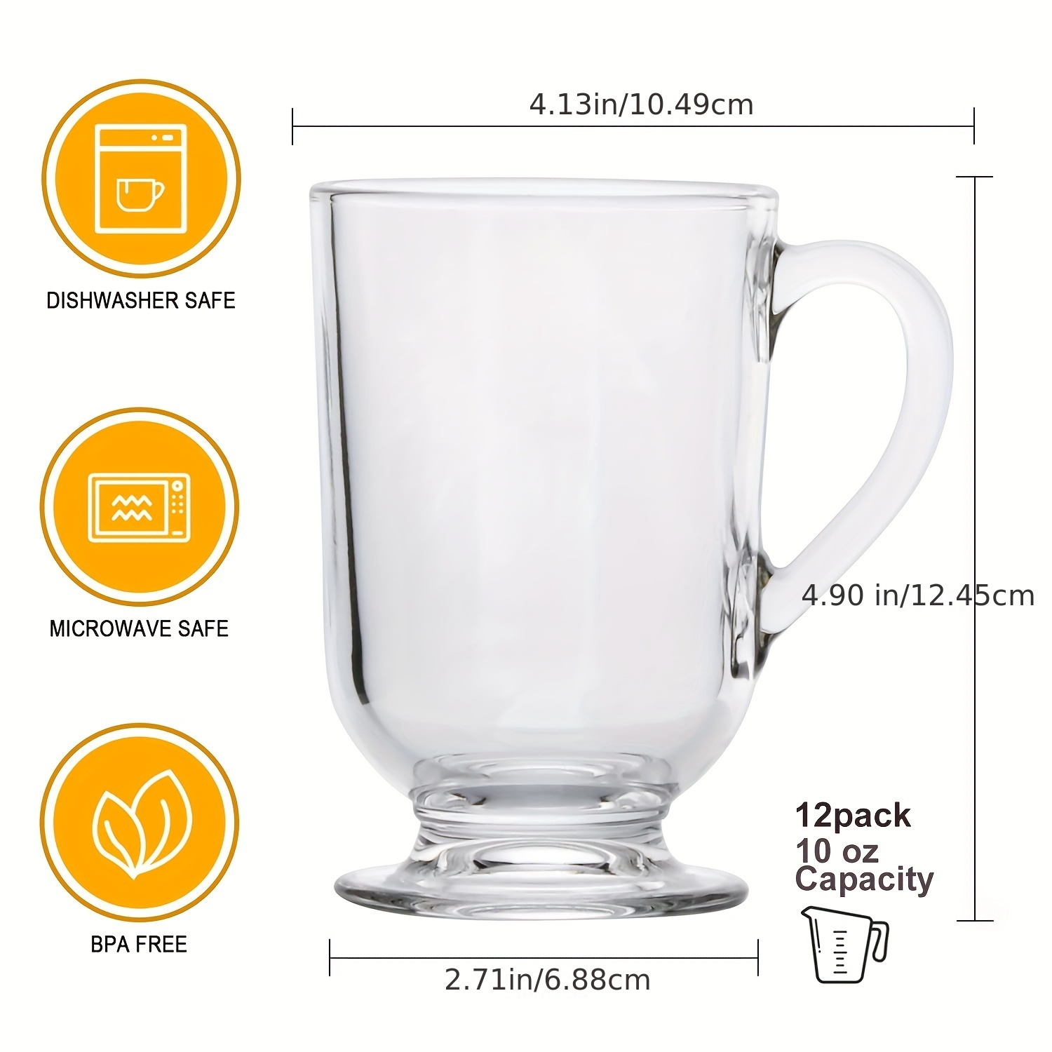 6-Pack 10 oz. Clear Glass Coffee Mugs with Thick Handles for Latte Milk  Coffee