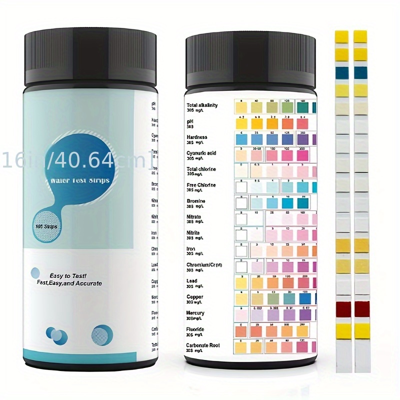 Image of 16-in-1 Home Drinking Water Quality Test Kit - 100 Strips Suitable For Swimming Pools, Aquariums, Spas, Faucets, And - Tests For Ph, Lead, Hardness, , Iron, Copper, And More
