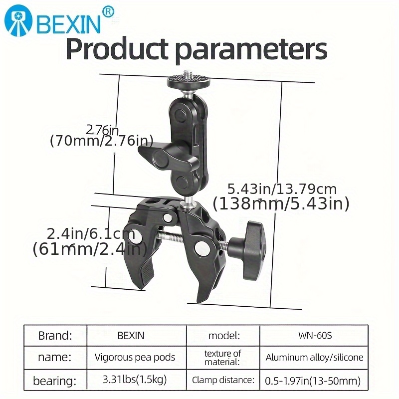 TEMU Wn-heavy-duty Clamp With Double Ball Head Magic Arm, Adjustable Clamp With 1/4"-3/8" Screw Holes, Stable Dslr Camera, Lighting, Mic, Monitor