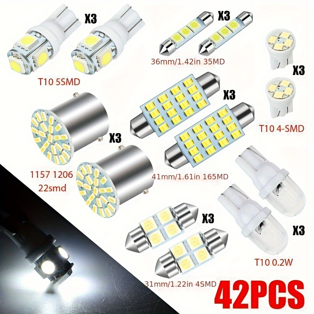 42pcs Car Interior Combo LED Map Dome Door Trunk License Plate Light Bulbs  W5W 12V 2825 192 194 158 168 501 921 175 PC175 906 904 161, Xenon White