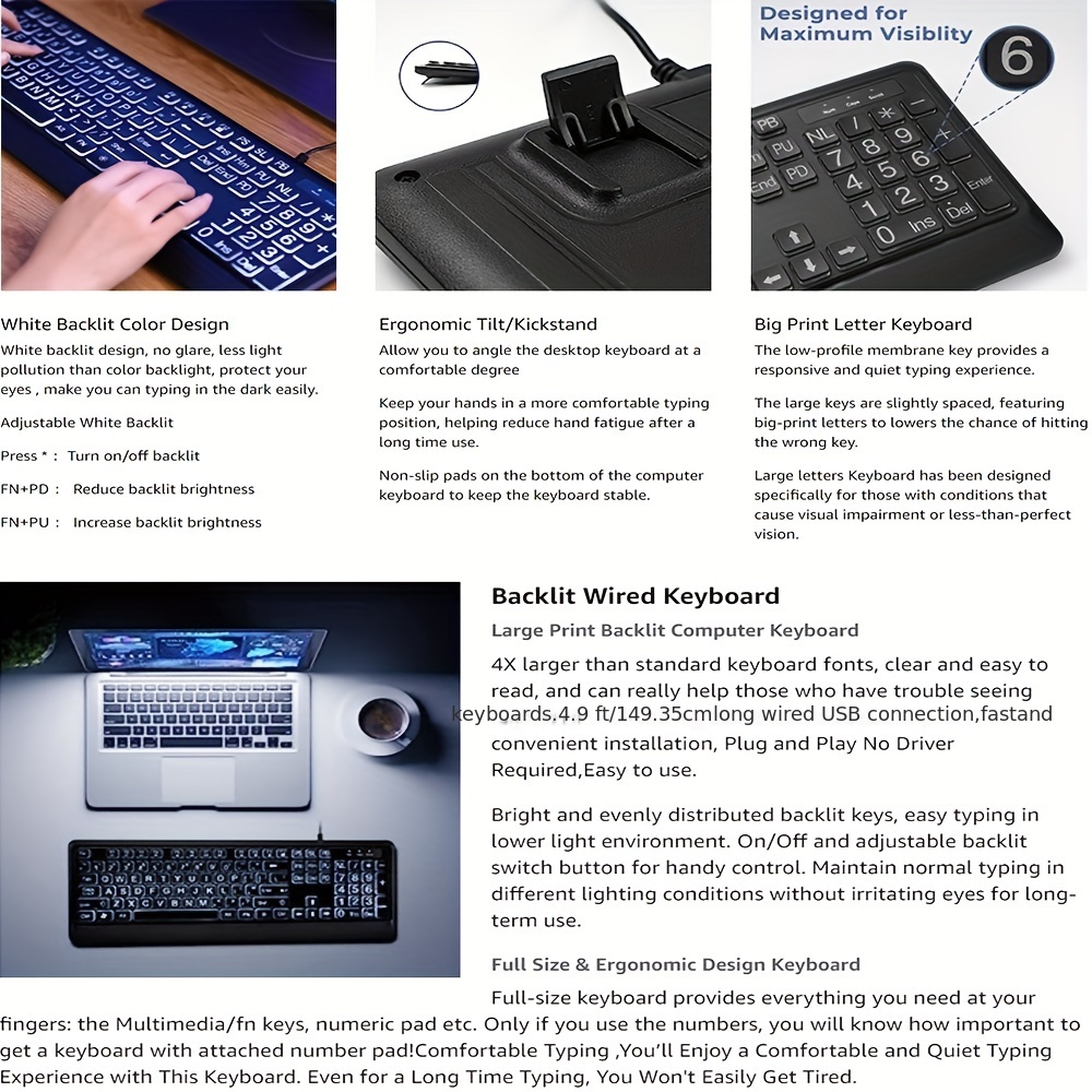Clavier USB filaire pour les utilisateurs de basse vision avec de grandes  touches blanches Lettres noires pour les hommes âgés