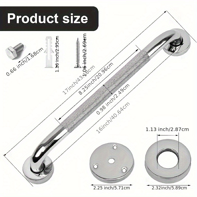 TEMU 2pcs 16" Stainless Steel Anti-slip Bathroom Grab Bars - Knurled Safety Handrails With Mounting Hardware, Textured Grip For Elderly, Seniors &