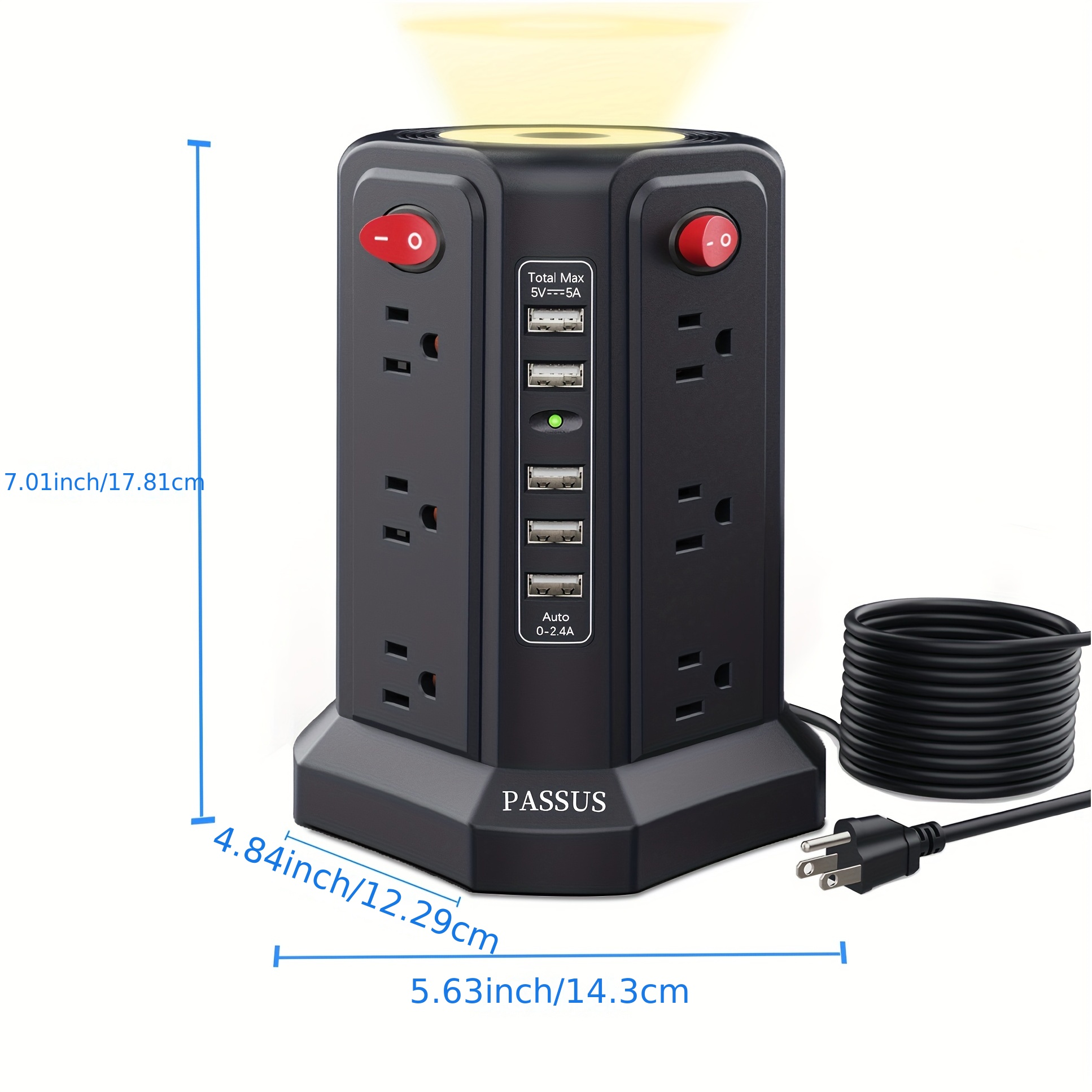 Surge Protector Power Strip Tower with USB C Port(PD18W),10FT Extension  Cord with 12 AC Outlets 5 USB Charging Ports, PASSUS Power Tower Surge
