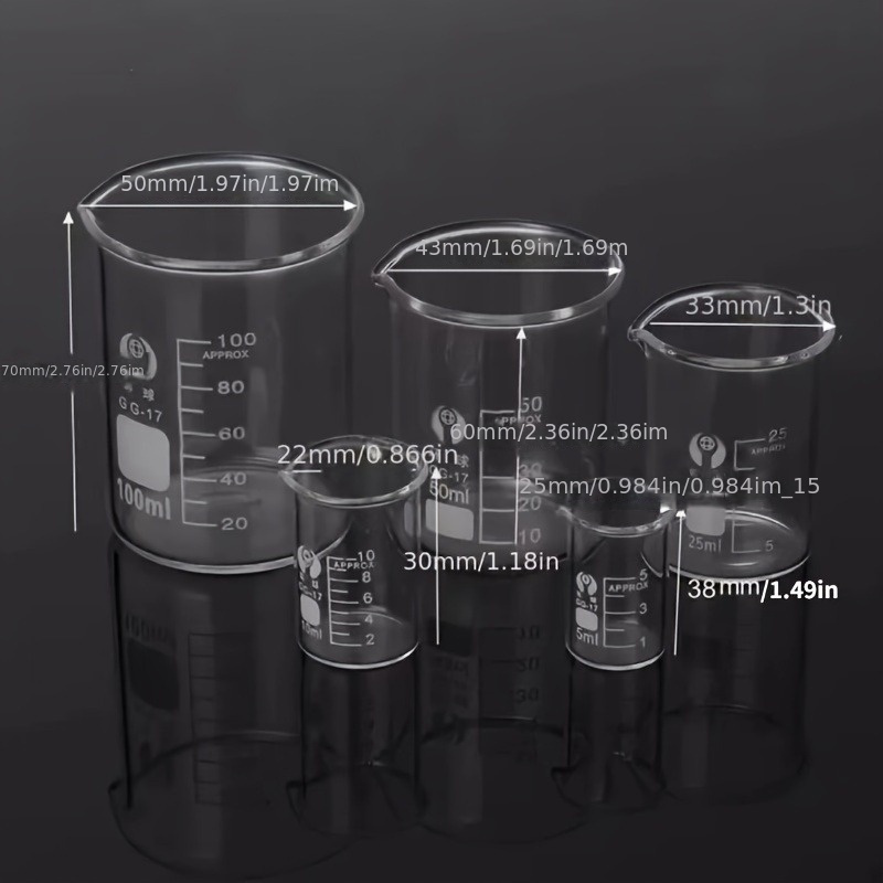 

5-piece Glass Beaker Set Use - 5ml, 10ml, , 50ml, 100ml Sizes - Measuring Glassware For Science And Solutions