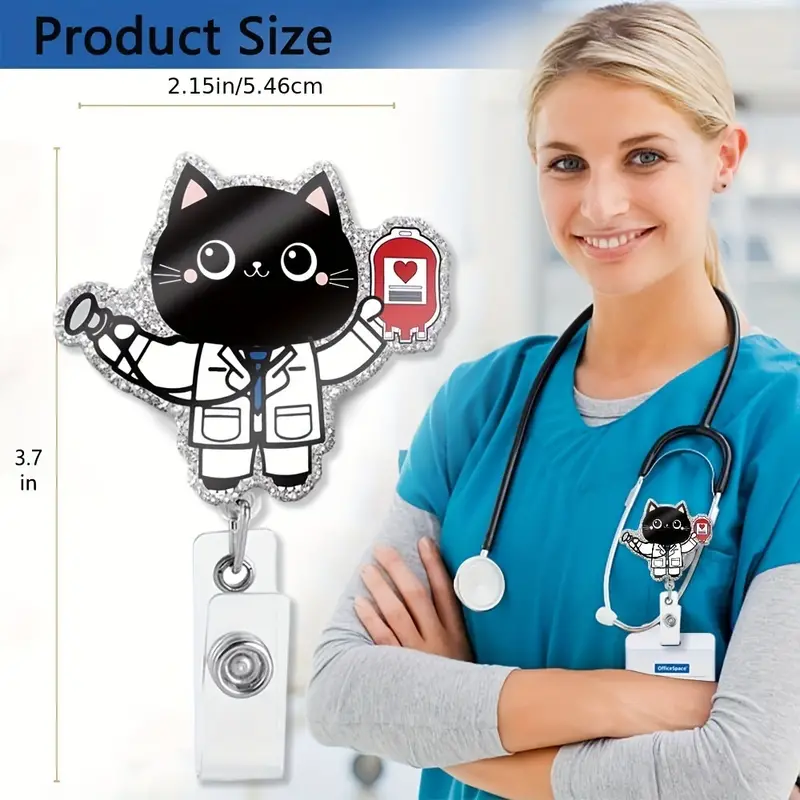 Funny Black Cat Doctor Silver Glitter Retractable Badge Reel - Temu