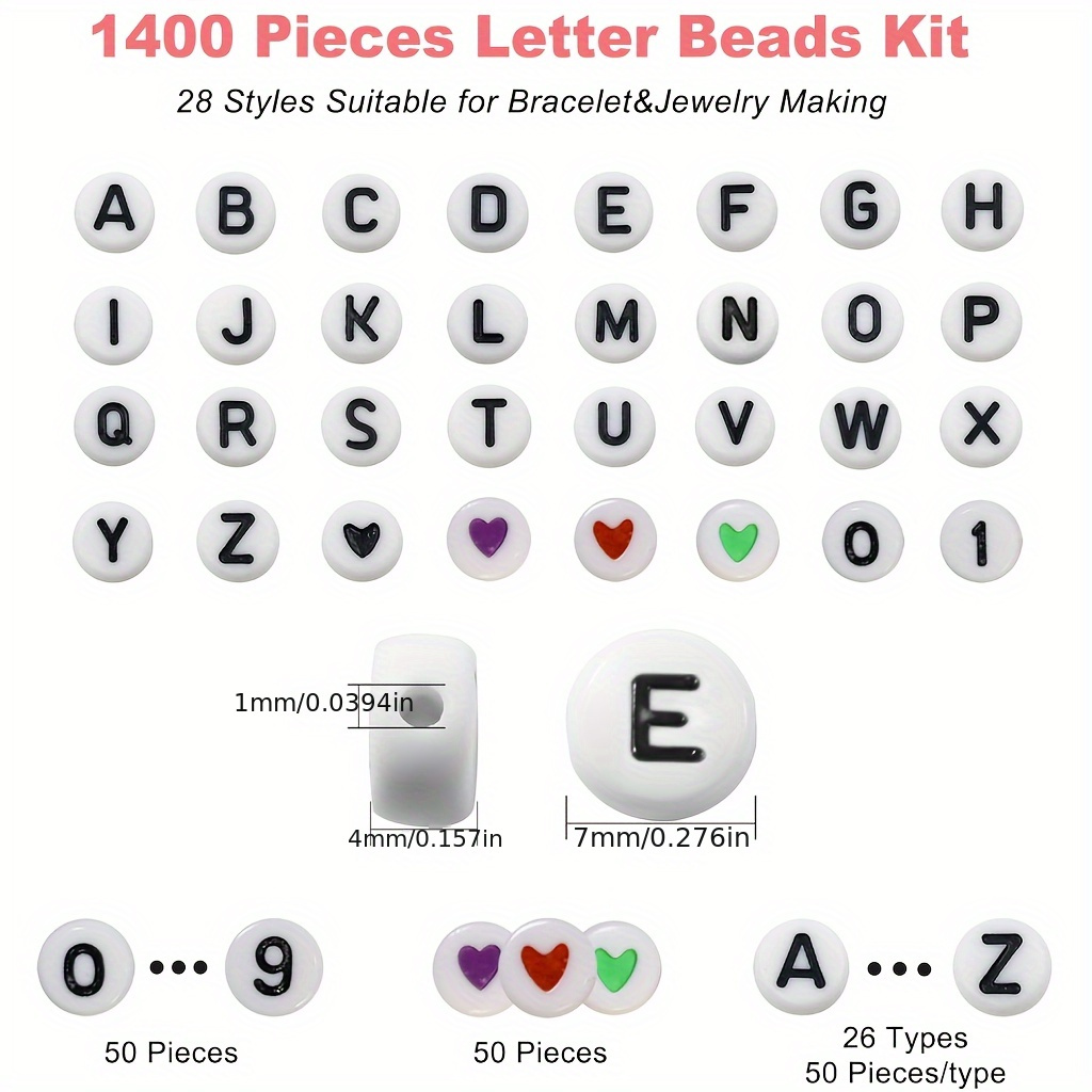 Simetufy 1400pcs Letter Beads for Bracelet Jewelry Making, 7 Style Colorful  Round Alphabet Beads Number Beads Heart-Shaped Beads with 1 Roll Elastic