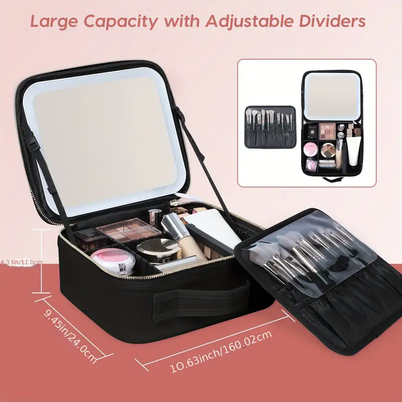 makeup travel train case with mirror led light 3 color adjustable brightness cosmetic bag portable storage adjustable partition waterproof makeup brushes makeup jewelry storage case gift for women details 2