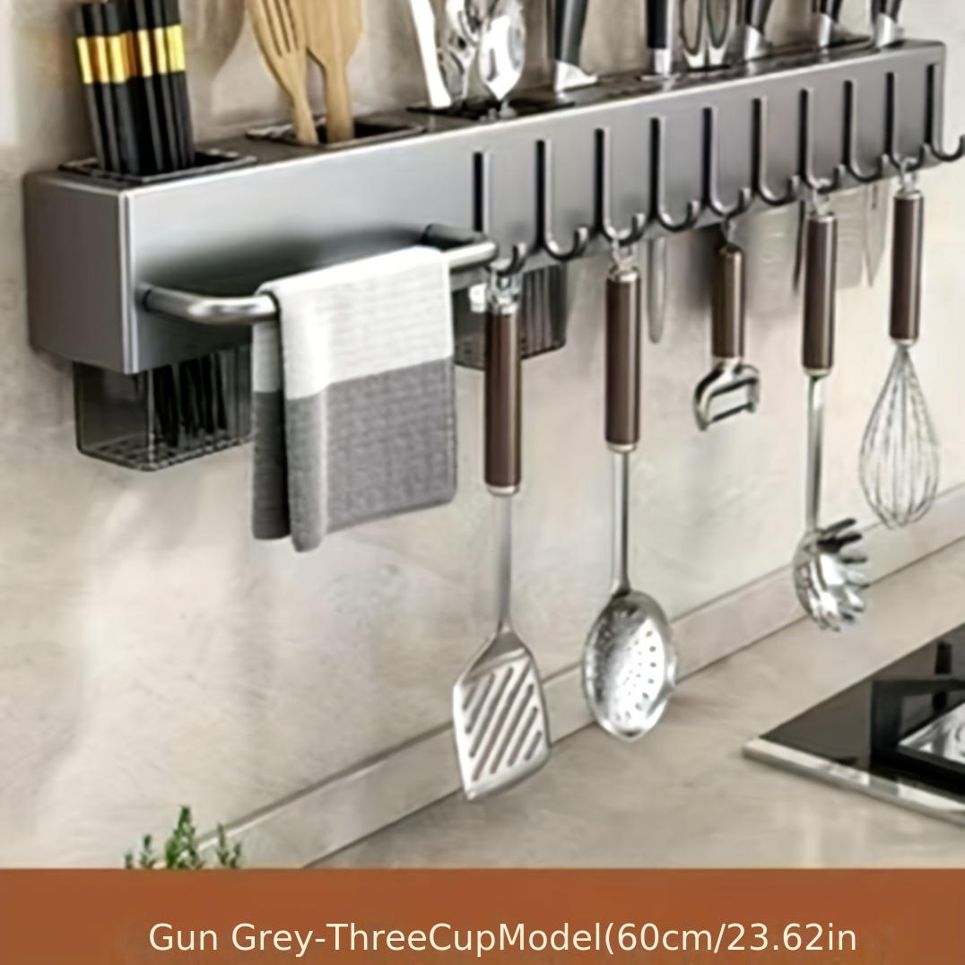 1pc premium carbon steel multi functional knife rack wall mounted no drill kitchen organizer with large capacity integrated dry and wet   draining storage for knives spatulas spoons forks chopsticks and towels space saving and hygienic design details 2