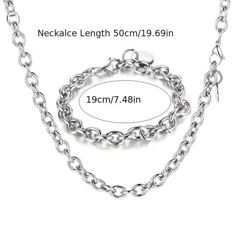 2pcs Set Stainless Steel Hip Hop Necklace Chain Bracelet Set Men S 50cm 19 68in Necklace With 19cm 7 48in Bracelet Clothing Shoes Jewelry Temu