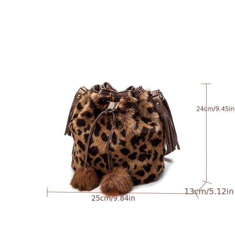 plush leopard pattern bucket bag trendy drawstring crossbody