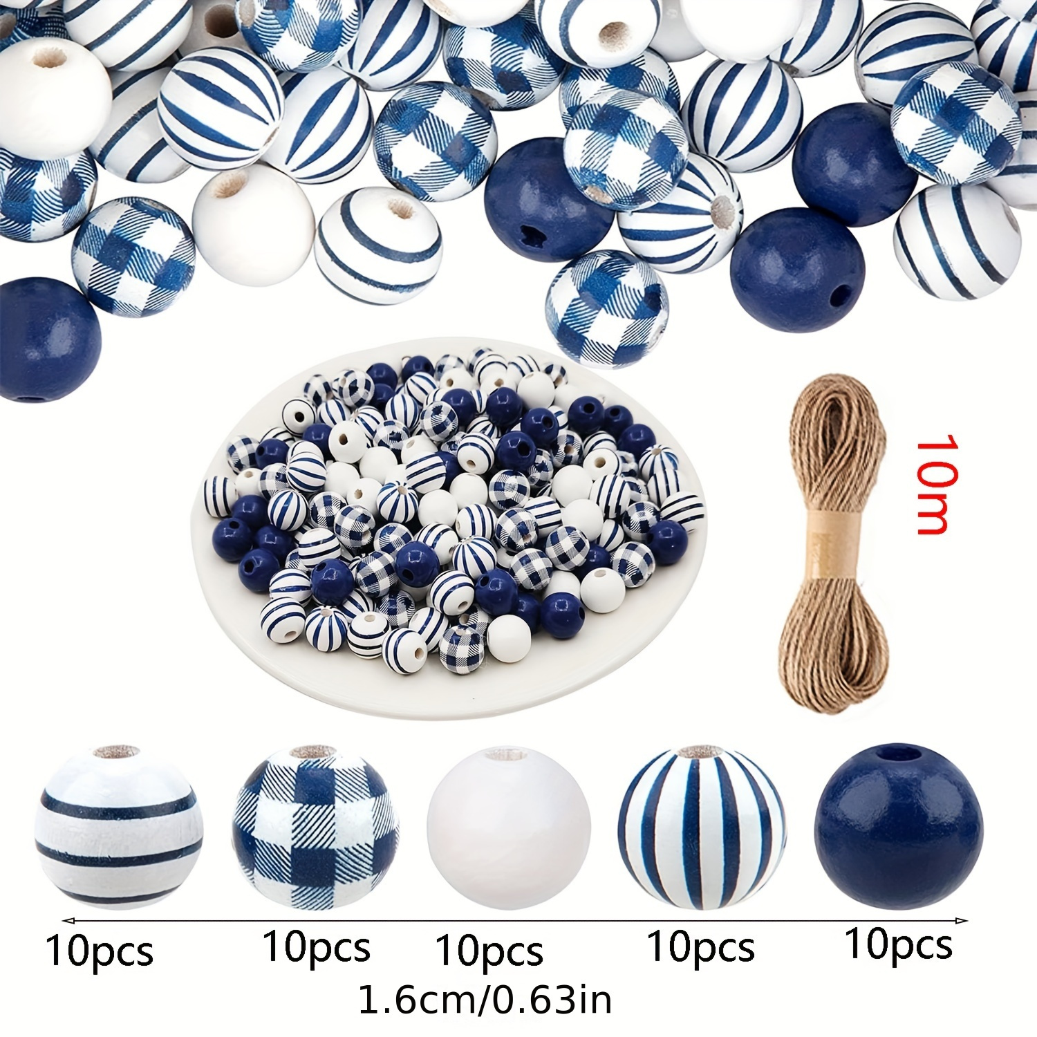 A 50pcs Set Of 16mm Blue Wooden Beads With 1m Hemp Rope, For Handmade Diy Bead Jewelry Crafting Materials