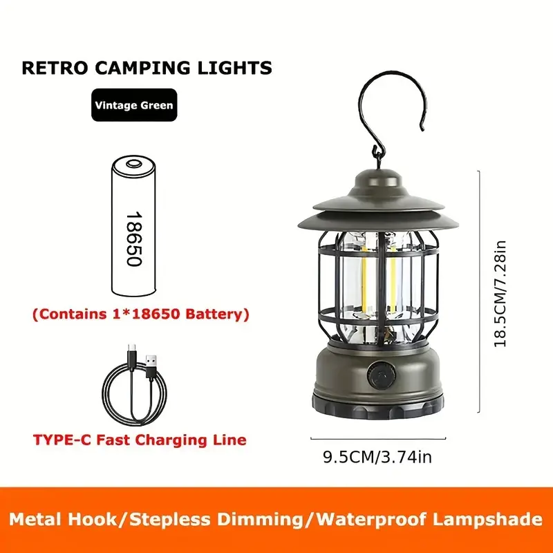Portable Camping Lamp Stepless Dimming Lantern USB Charging Retro